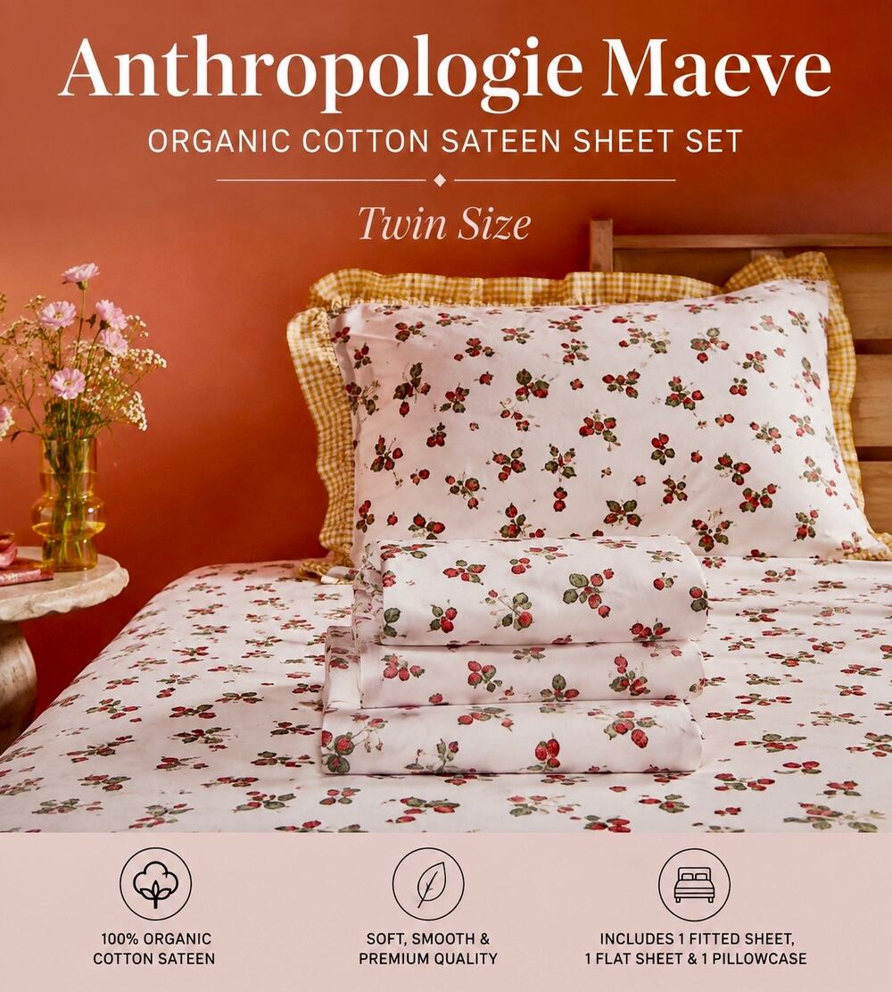 Anthropologie Sheet Set Twin Organic Cotton Sateen – Strawberry Print